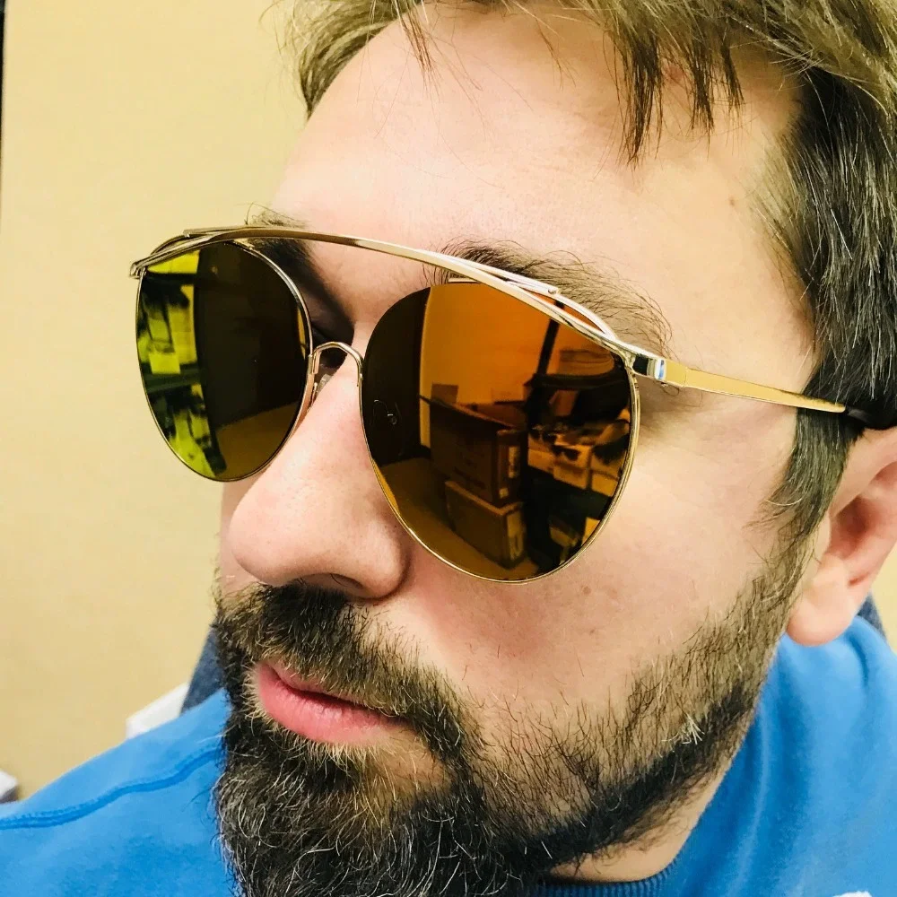 Sunglasses Round Fire Orange Mirrored Lens Gold Frame‎ Bech Party Luxury Lentes